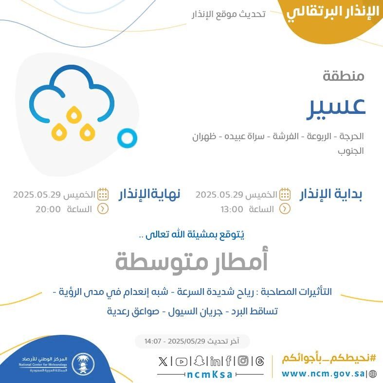 حالة الطقس اليوم في عسير الإنذار البرتقالي في الحرجة والربوعة والفرشة وسراة عبيده وظهران الجنوب