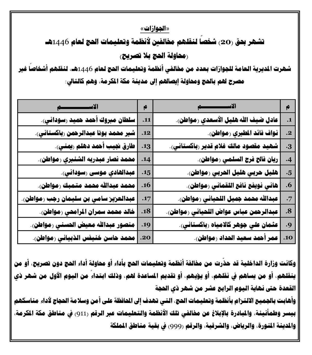 المشهر بهم لمخالفة أنظمة وتعليمات الحج لعام 1446هـ