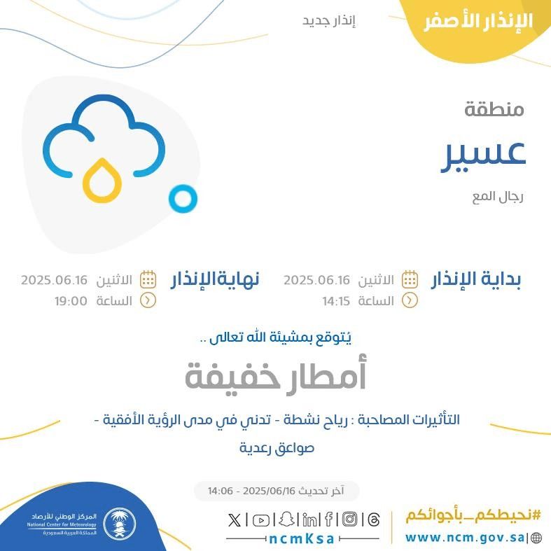 حالة الطقس اليوم في عسير الإنذار الأصفر في رجال المع