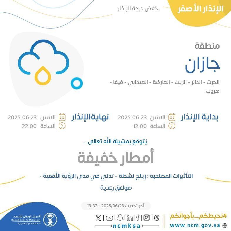 حالة الطقس اليوم في جازان الإنذار الأصفر في الحرث والدائر والريث والعارضة والعيدابي وفيفا وهروب