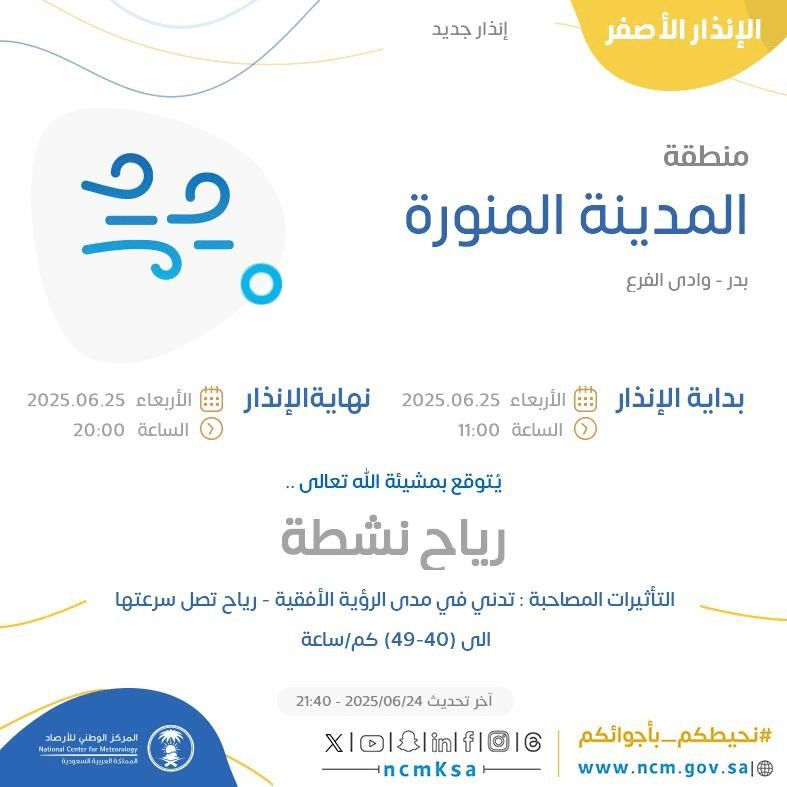 حالة الطقس غدًا في المدينة المنورة الإنذار الأصفر في بدر ووادي الفرع