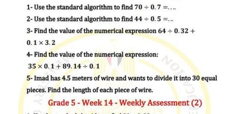 مراجعات نهائية.. أسئلة تقييم الاسبوع الـ 14 في الرياضيات لغات لـ الصف الخامس الابتدائي