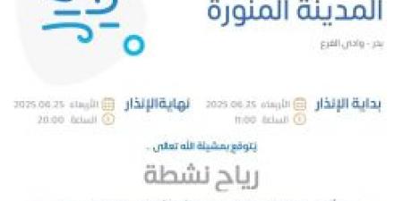 حالة الطقس غدًا في المدينة المنورة: الإنذار الأصفر في بدر ووادي الفرع