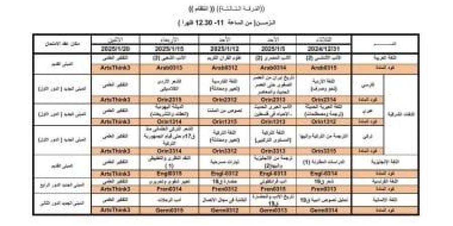 جدول امتحانات الفرقة الثالثة لكلية الآداب جامعة القاهرة 2024/2025