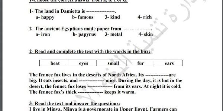 مراجعات نهائية.. لطلاب الصف الرابع الابتدائي.. أسئلة تقييم الاسبوع الـ 15 في اللغة الإنجليزية