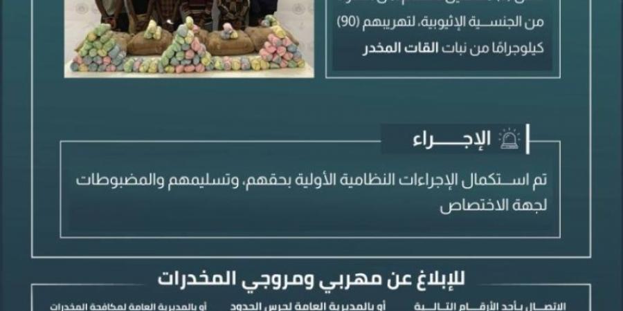 حرس الحدود بعسير يقبض على 6 مخالفين لنظام أمن الحدود لتهريبهم 90 كيلوجرامًا من نبات القات المخدر